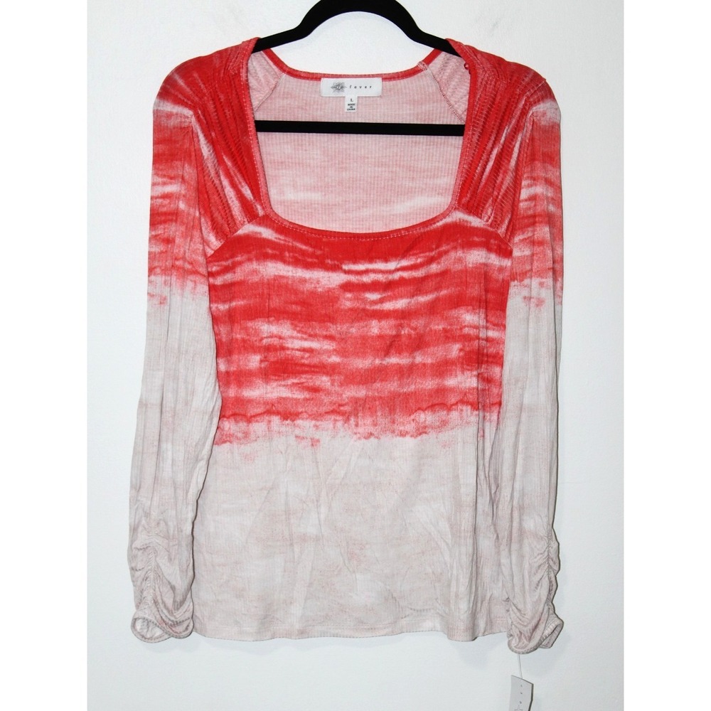 Fever Womens Ribbed Ombre Long Sleeve Ruched Square Neck Top M NWT